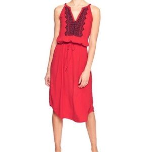 GAP Red Sleeveless Midi Dress with Navy Embroidered Front